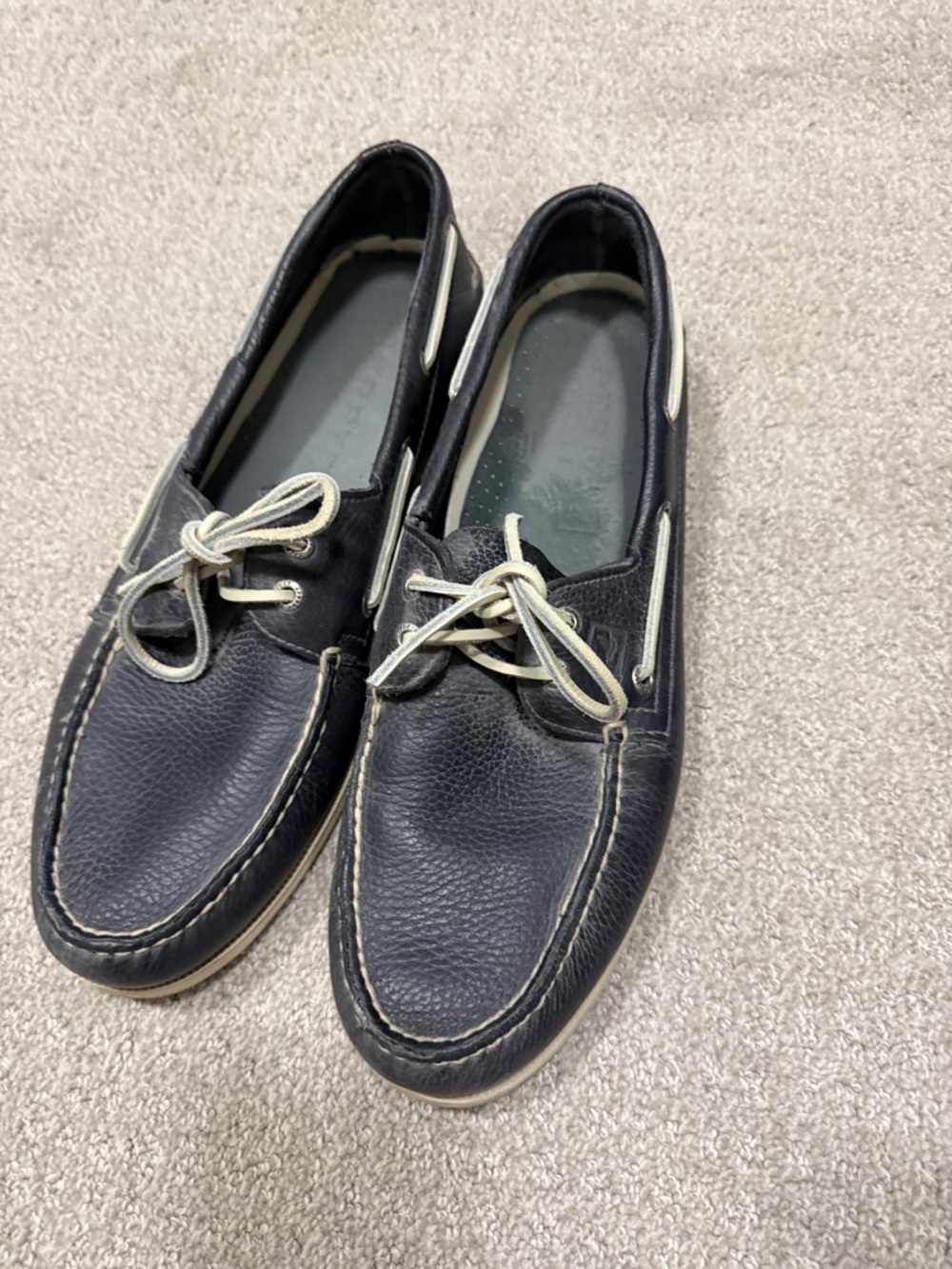 Sperry Black Leather Slip-On Boat Shoes with Cream Accents